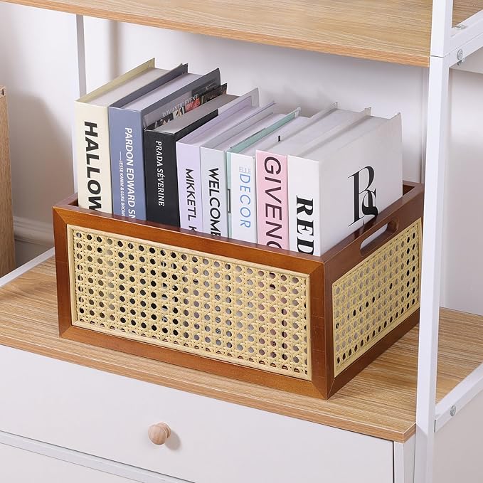 Rattan Storage Basket Set of 2 Handmade Natural Bamboo Woven Storage Bin for Organizing Decorative Wicker Box for Rustic Farmhouse Decor Home Office Tabletop Shelf Organizer