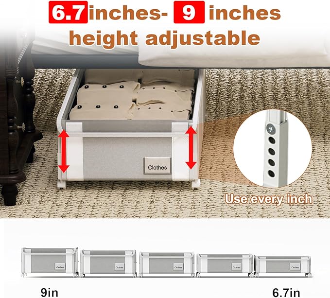 2Pack Under Bed Storage with Wheels,6.7"-9" Adjustable Height Underbed Storage,Under Bed Storage Containers,Rolling Under Bed Clothes Storage,Metal Under Bed Drawers for Shoes,Blankets,Toys