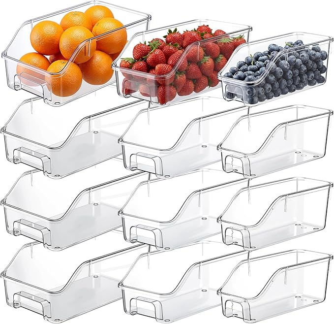 LemonRoad 12 Packs Clear Freezer Organizer Bins with Handle Pantry Vegetable Organizers and Storage Stackable Open Front Fridge Storage Egg Salad Containers for Kitchen Refrigerator Cabinet Closet