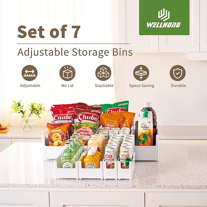 Adjustable Storage Bins for Home and Kitchen, Deep Stackable 7 Pieces Different Sizes Organizing Boxs for Cabinet Pantry Closet Refrigerator and Cupboard in White Plastic，WH-AD-White-Set-7PC