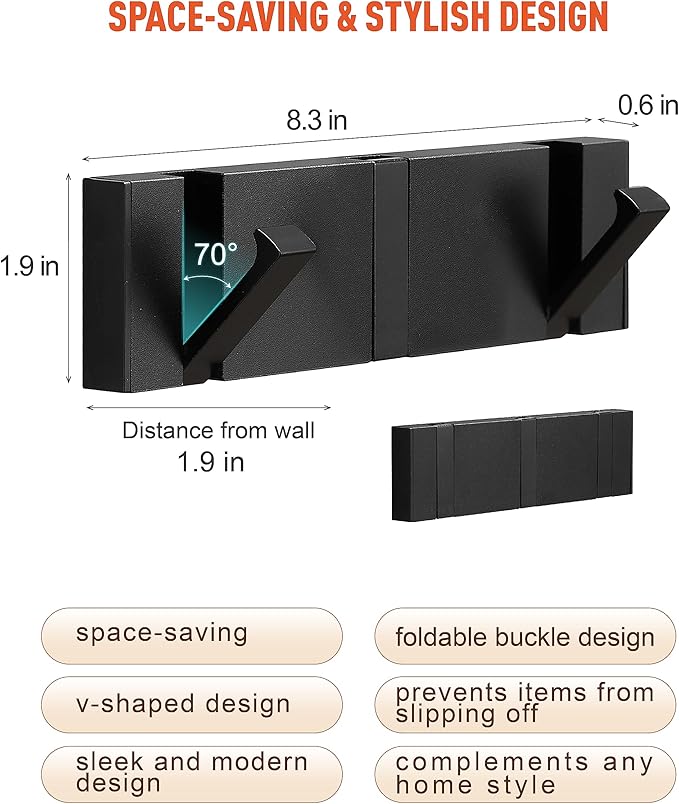 Black Waterproof Wall Hooks - 2 Pack, Foldable Towel Hooks for Bathrooms, Coat Hooks Wall Mounted - Versatile Hooks for Bathroom, Kitchen, Balcony Décor