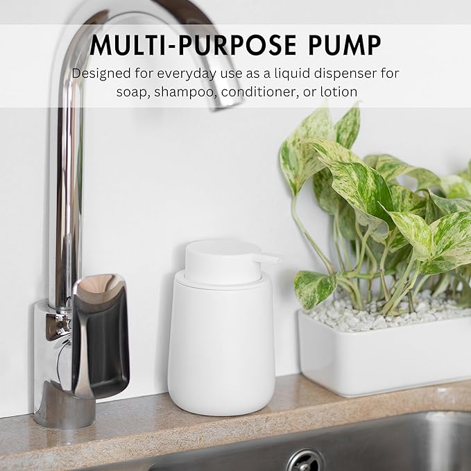 Matte White Round Soap Dispenser for Kitchen & Bathroom – 9 oz Refillable Resin Pump Bottle for Dish Soap, Hand Soap, Shampoo, Conditioner – Modern Countertop Dispenser with Non-Slip Protective Pads