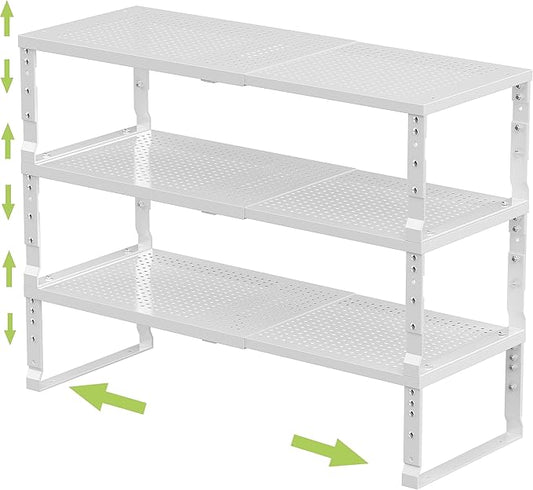 Expandable Adjustable Stackable Kitchen Organizer, Spice Rack,Metal Pantry Storage Shelves Racks,Counter Shelf for Cabinets, Countertop, Cupboard(3 Packs/Large/White)