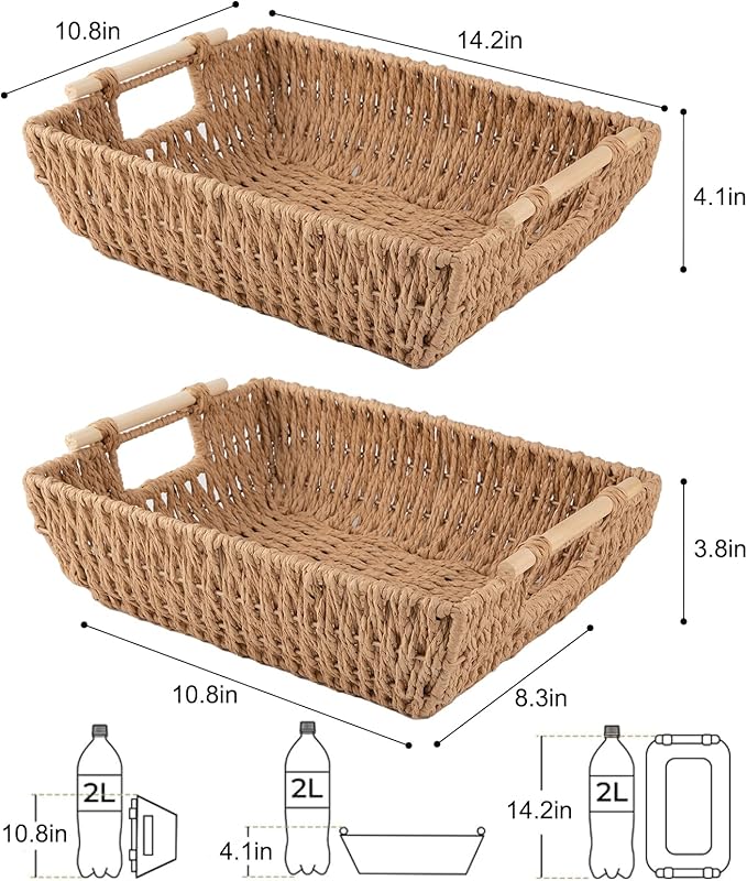 OIAHOMY Storage Baskets, Small Paper Rope Wicker Organizers with Wooden Handles, Baskets for Organizing, 2-Pack, Yellow