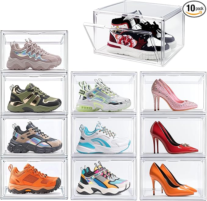 10 Pack Acrylic Sneaker Shoe Display Case, Size 12.5 Clear Shoe Boxes Stackable Purse Handbag Collectibles Organizer with Magnetic Door, Size 12.5 for Men Women Shoes Rack