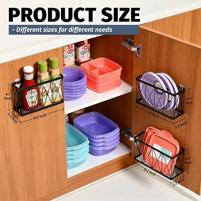 Tupperware Organizer for Cabinet, Adhesive Cabinet Door Organizer Wall Mounted Lid Organizer No Drill Kitchen Cabinet Organizers Storage for Slim Space 3 Pcs Black Stainless Steel