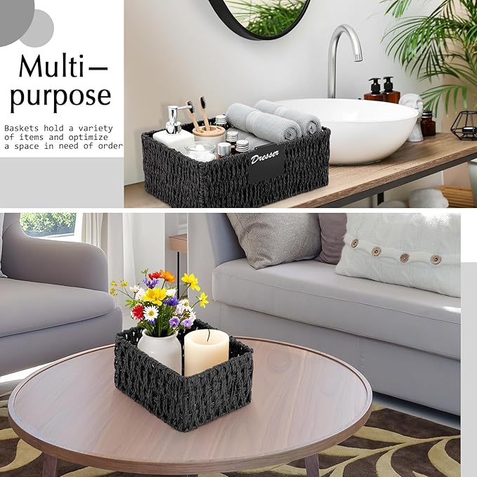 Marsui 6 Pcs Wicker Storage Baskets with Labels Handwoven Paper Rope Multi-size Black Wicker Storage Bins for Organizing Small Baskets Container for Shelves Closet Pantry Toilet