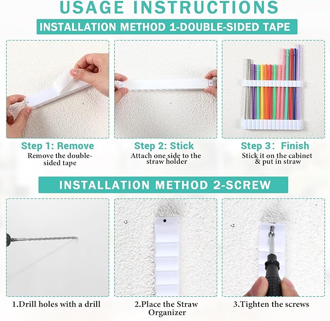 Baderke Straw Holder for Cabinet Reusable Straw Organizer with Double Sided Adhesive Tape Screws Storage Container for Kitchen Counter Cupboard(White,Classic)