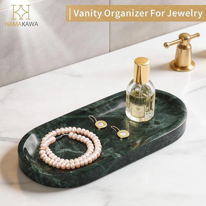 Bathroom Vanity Tray, Natural Marble Oval Tray 10 inch, Emerald Green Marble Vanity Tray for Soap Dispenser Modern Countertop Organizer for Kitchen Countertops, Home Decor