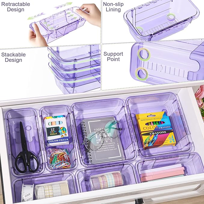 20 Pcs Adjustable Clear Drawer Organizer, All Extendable Vanity Storage Bins, Desk Drawer Organizer Set for Makeup, Cosmetics, Bedroom, and Gadgets, Purple