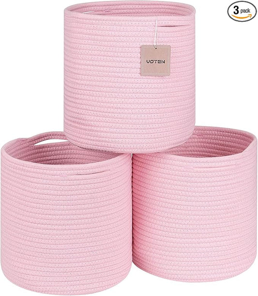 voten Storage Cubes Baskets Bins Organizer 11x11x11'' Fit 12x12''Cube Storage Organizer Bookcases Shelf,Durable Woven Cotton Storage Basket for Organizing,Round 3Pack Pink