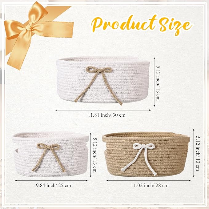 Breling 3 Pieces Bow Laundry Baskets with Coquette for Kids,Basket Bow Woven Gift Baskets with Handles for Living Room Toys Organizer,Girls Nursery Playroom, Pet Toy Basket(Khaki, White)