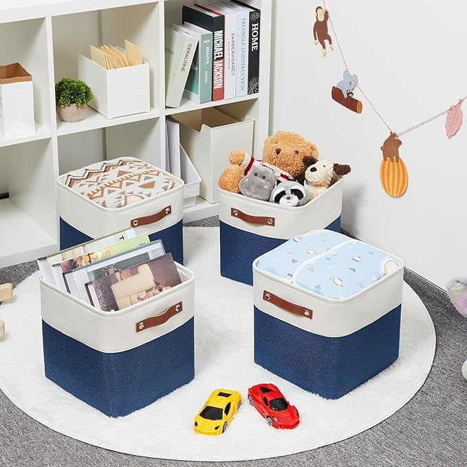 HNZIGE Fabric Cube Storage Bins Basket Set of 4, Closet Storage Cubes with Handles, Organizing Home Office (White Blue)
