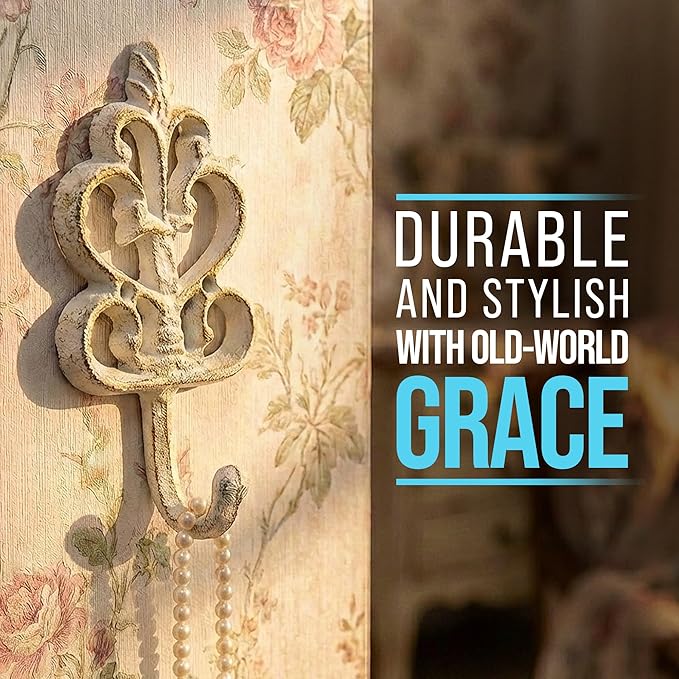 Comfify Shabby Chic Decorative Wall Hooks - Set of 3 - Cast Iron French Country Wall Decor - Farmhouse Hangers for Coats, Purses and More - Rustic White