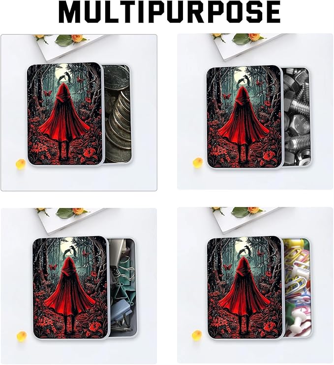 Metal Tin Box with Lid,Multi-functional Storage Large Box Can Store Tea Biscuits Game Cards, Playing & Tarot Cards-Comes with 4 Magnetic Cord Clips,Red Hood in Forest