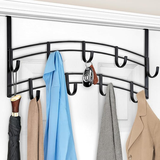 LYNK Professional® Home™ Over The Door Hooks - 9 Hook Over The Door Hanger - Over Door Coat Rack - Hanging Towels or Clothes - Bathroom, Bedroom or Laundry Room - Lifetime Ltd. Warranty – Black