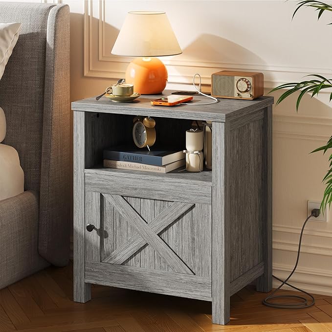 Marsail Farmhouse Nightstand with Charging Station, Wood Bedside Table with USB Port & AC Outlet, Open Shelf and Enclosed Cabinet, Side Table with Storage for Bedroom, Grey