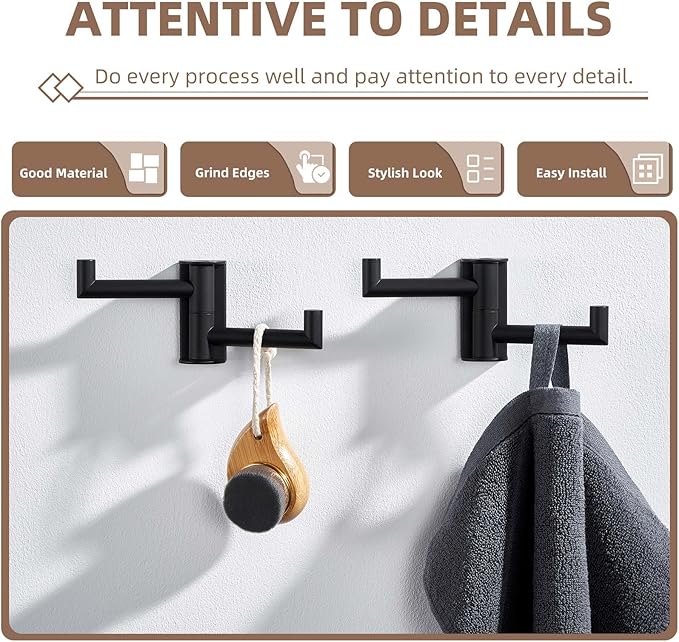 Suyar Double Towel Hook Matte Black, SUS 304 Stainless Steel Heavy Duty Wall Hook for Bathroom, Swivel Coat Holder, Towel Hanger with 2 Foldable Arms, 2 Pack