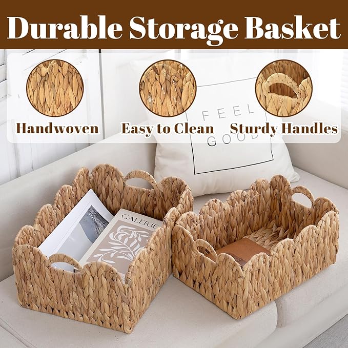 2-Pack Wicker Baskets with Handles, Large(15"Lx11"Wx7"H)&Small(13"Lx9"Wx6.25"H) Woven Storage Basket, Decorative Storage Basket for Home & Kitchen/Nursery Organizers