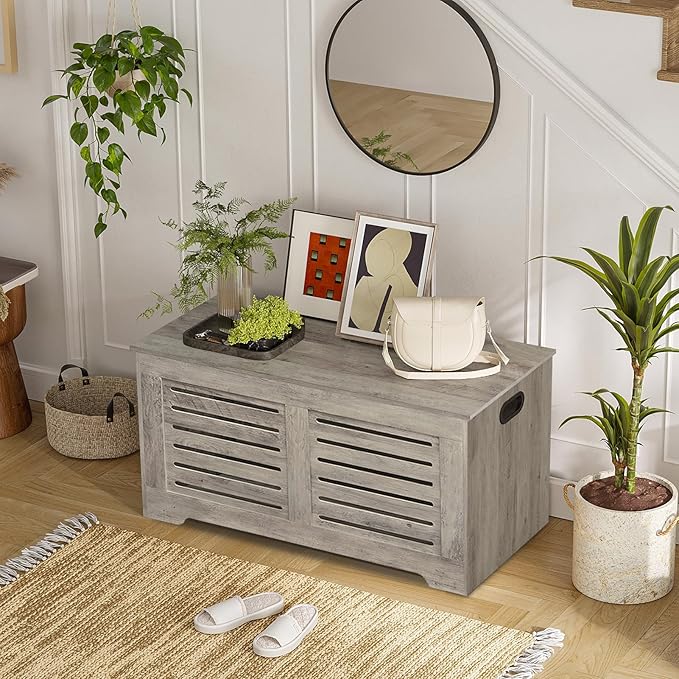 DINZI LVJ Storage Chest, 43.3â Wooden Toy Box with 2 Safety Hinges, Retro Entryway Shoe Storage Bench with Flip-Top, Sturdy Large Storage Trunk for Living Room, Bedroom, Easy Assembly, Gray Wash