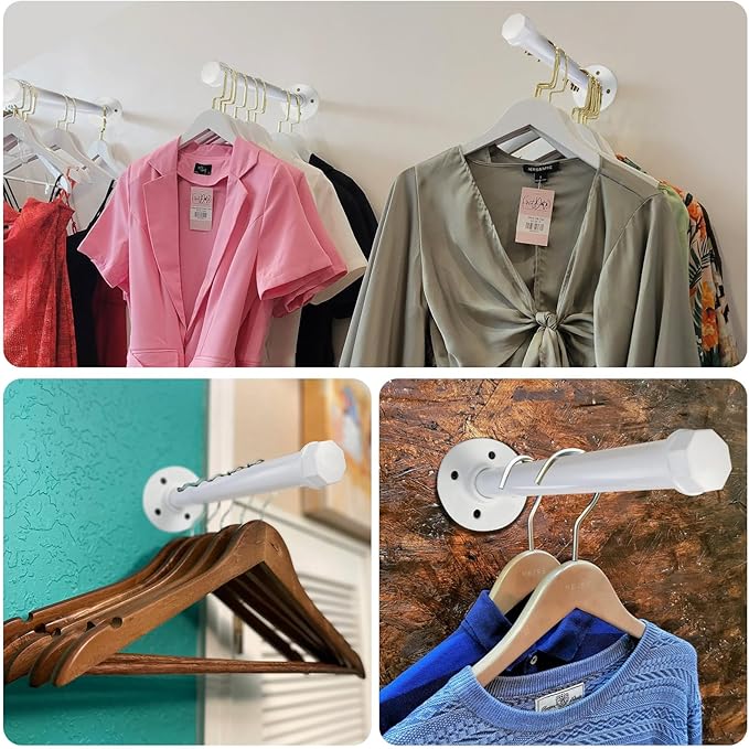 6 PCS Industrial Pipe Clothes Bar 12 Inch - Pipe Clothing Rack Wall Mount - Face Out Closet Rods for Hanging Clothes Commercial Retail Boutique Laundry Shirt Display - White