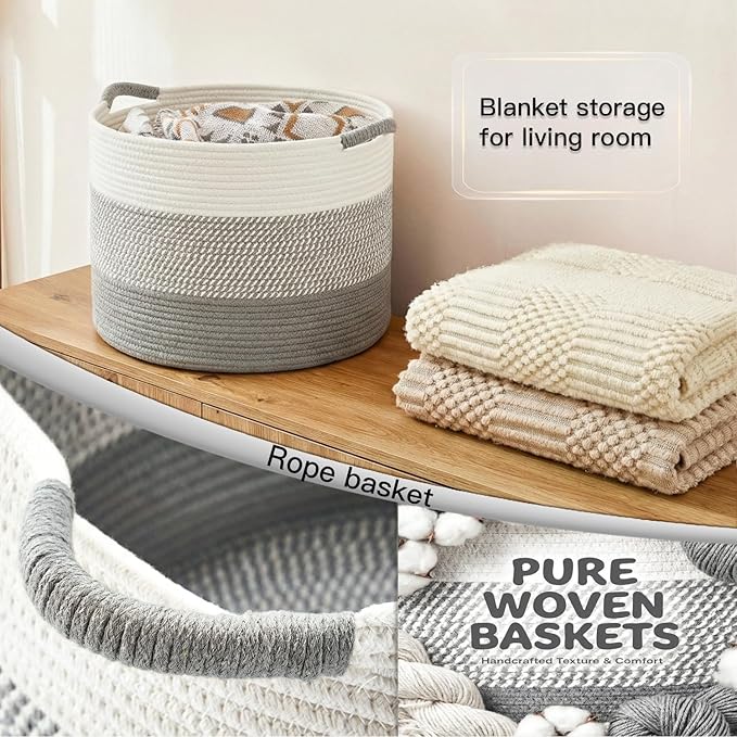 40L Large Cotton Rope Basket, Decorative Woven Blanket Storage for Living Room, Boho Toy Storage & Toy Box for Kids, Versatile Laundry Basket & Nursery Hamper for Blankets(Gery)