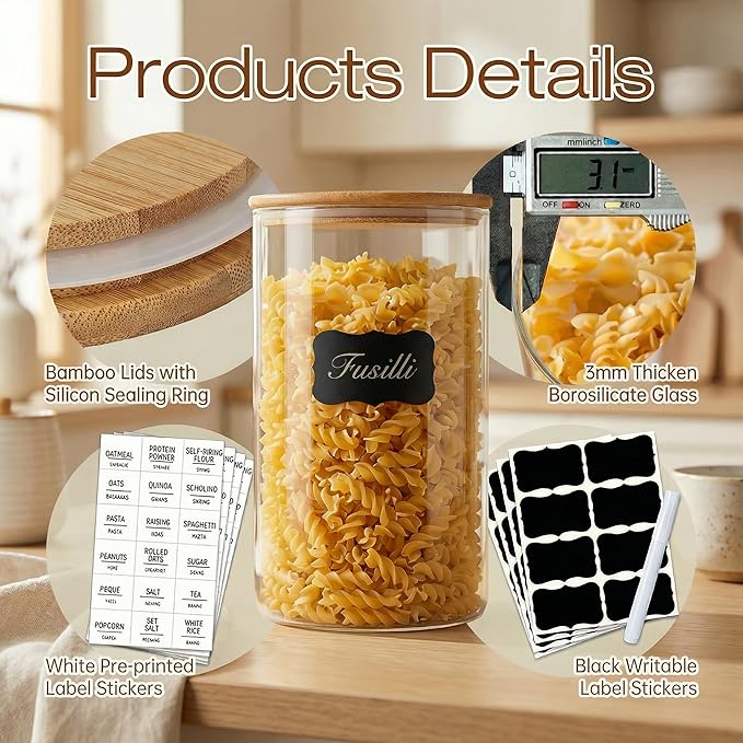 Glass Jars with Bamboo Lids 17 FL OZ [Set of 12], Glass Canisters with Airtight Lids, Glass Food Storage Containers for Spice, Coffee, Sugar, Tea, Candies, Cookies,Best for Kitchen & Pantry