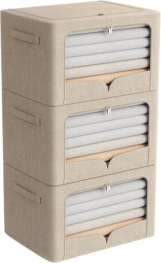 FHSQX 3 Pack Clothes Storage Bins Foldable Metal Frame Storage Box Extra Large Stackable Linen Fabric Organizer Set with Carrying Handles and Clear Window (Beige, 23.6x16.5x15.7inch(100L))