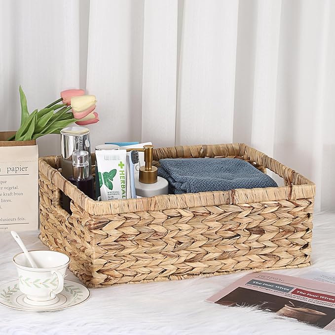 Hipiwe Wicker Basket for Shelf Organizing, Storage Basket Bins with Built-in Handles, Handwoven Water Hyacinth Baskets Rectangular Decorative Baskets Bin,15.9"x12"x5.9"