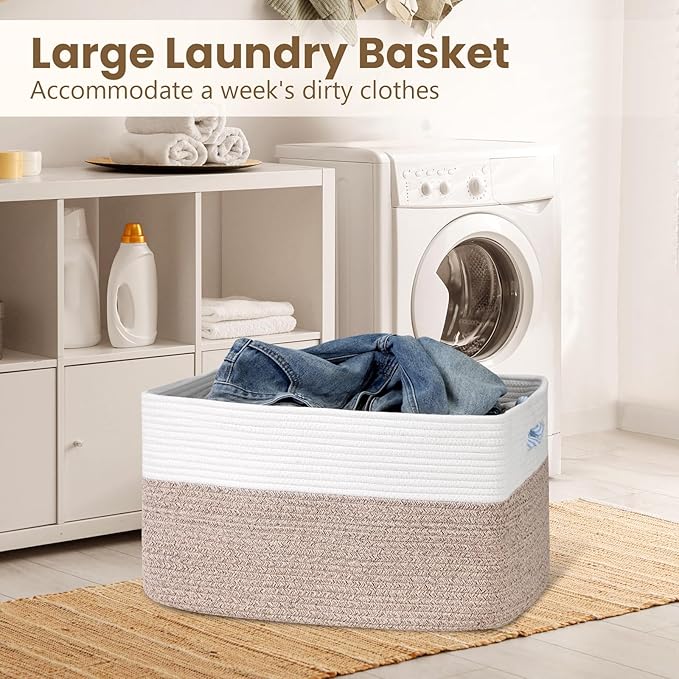 75L Large Blanket Basket, Woven Storage Baskets with Reinforced Handles, Rope Laundry Basket for Living Room, Bedroom, Nursery, Toys, Clothes,Pillows, 22â x 17â x 11.5â, White & Brown