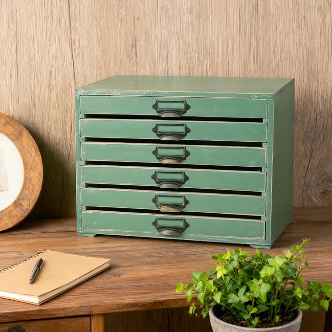 Vintage Wooden Storage Box Desktop Organizer Cabinet with 6 Drawers Rustic Farmhouse Distressed Decor Jewelry Cosmetics Craft Paper Small Tool Library Card Catalog Cabinet for Home Office Desk Green