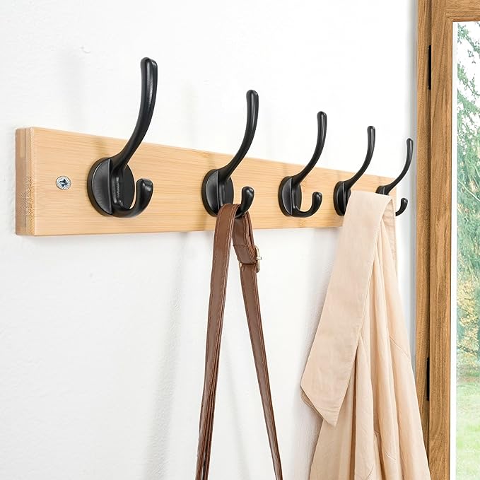Dseap Wall Mounted Coat Rack: 16" Hole to Hole, Coat Hook Hanger with 5 Metal Hooks for Hanging Coats Towels Hats Clothes, Natural & Black