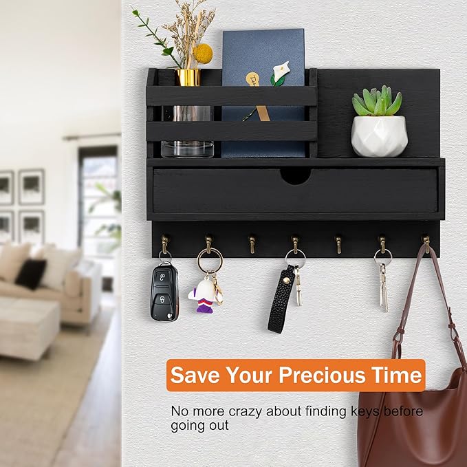 Key and Mail Holder for Wall, Mail Organizer Wall Mount with 6 Hooks and Storage Drawer, Wooden Key Rack Hanger with Shelf for Entryway and Home Decor
