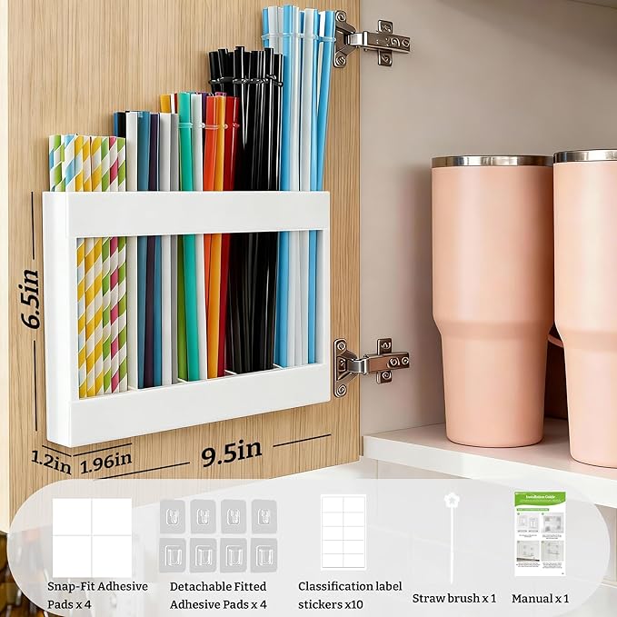 9.5” Large Acrylic Straw Holder for Cabinet Door with Detachable Ultra Sticky Adhesive Squares and Stickers, 2026 Reusable Straws Organizer Storage Dispenser for Kitchen Counter Cupboard