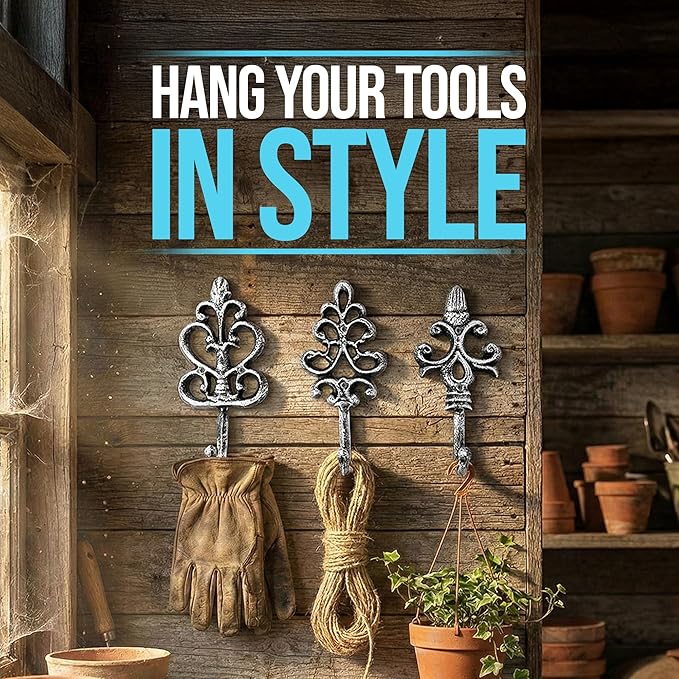 Comfify Shabby Chic Decorative Wall Hooks - Set of 3 - Cast Iron French Country Wall Decor - Farmhouse Hangers for Coats, Purses and More - Silver with Black