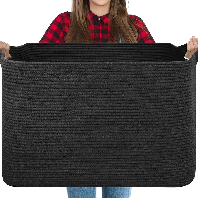 118L Extra Large Blanket Basket, 24.8"x17.7"x16.2" Woven Rope Baskets for Storage, Nursery Blanket Storage for Living Room, Toy Basket with Handle Organizing Comforter Cushions Pillows, Black