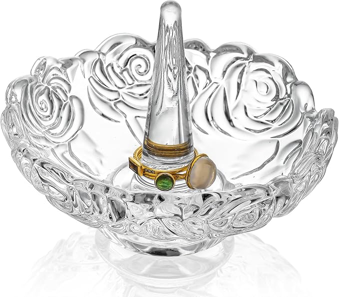H&D HYALINE & DORA 4âClear Crystal Ring Holder,Round Glass Ring Dish,Jewelry Rack Ring Holder for Wedding,Jewelry Display Gifts for Mom Wife Girlfriend