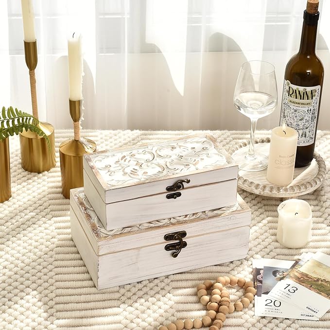 White Wooden Storage Box Set of 2 - Distressed White-Washed Decorative Boxes with Hinged Lids - Hand Carved Solid Pine Organizer for Jewelry, Keepsakes, and Shabby Chic Home Décor