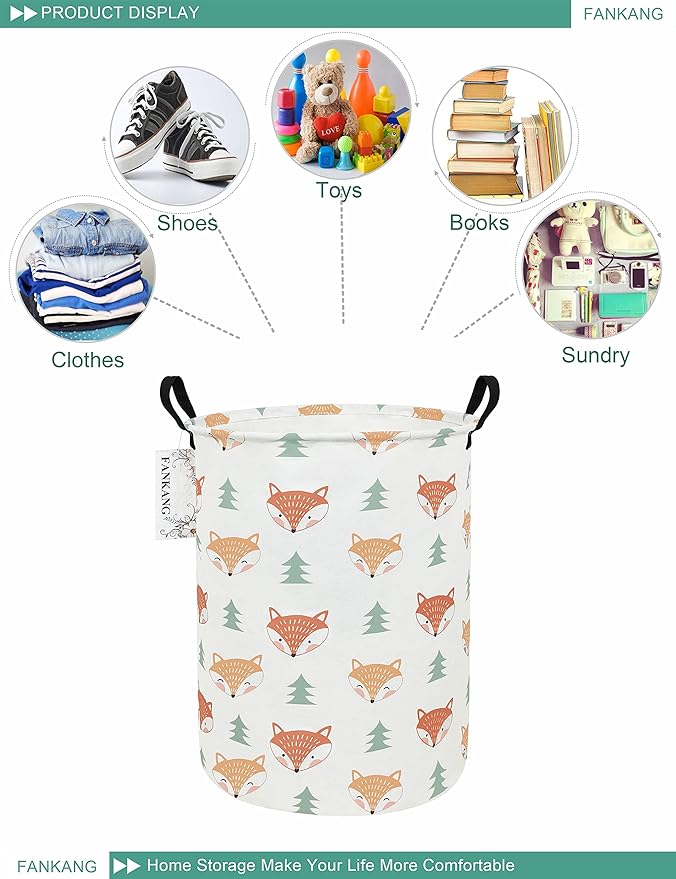 FANKANG Storage Basket, Nursery Hamper Canvas Laundry Basket Foldable with Waterproof PE Coating Large Storage Baskets for Kids Boys and Girls, Office, Bedroom, Clothes,Toysï¼Fox ï¼