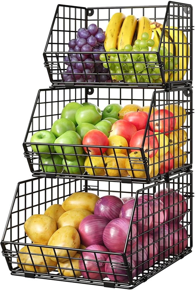 X-cosrack 3-Tier Stackable Wire Baskets for Counter, Fruit and Vegetable Storage, Potato and Onion Storage Bin，Kitchen Pantry Organizer - Wall Basket for Produce/Snack/Can, Black