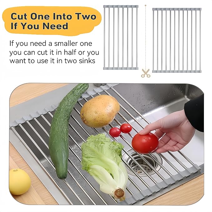Roll Up Dish Drying Rack, 21.3" x 15.8" Over The Sink Dish Drying Rack, Kitchen Dish Rack Foldable Dish Drainer, Stainless Steel Dish Drying Rack for Kitchen Sink Counter Storage (Grey)