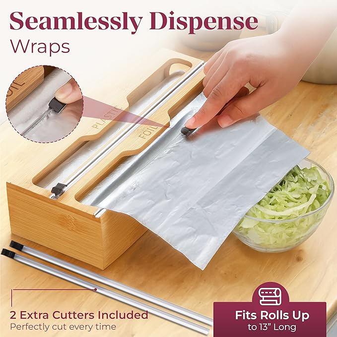 Bamboo Food Storage Bag Organizer for Drawer with Foil & Plastic Wrap Dispenser â 4 in 1 Premium Kitchen Drawer Organizer for Gallon, Quart & Sandwich Bags