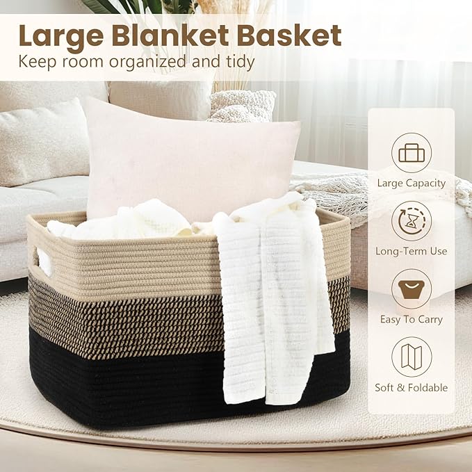95L Large Blanket Basket, Woven Storage Baskets with Reinforced Handles, Rope Laundry Basket for Living Room, Bedroom, Nursery, Toys, Clothes,Pillows, 24â x 17â x 13.5â, Black & Brown