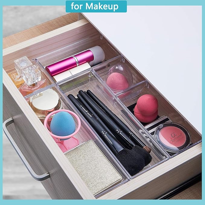 44 PCS Clear Drawer Organizers Set, 4 Size Versatile Bathroom and Vanity Organizer Trays, Cosmetic Display Cases for Makeup, Jewelries, Bedroom，Kitchen Utensils and Office