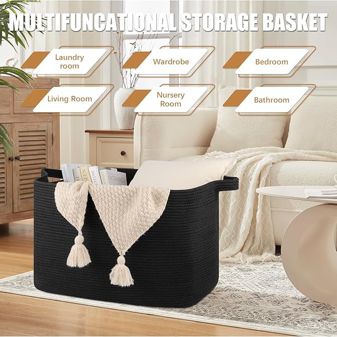 118L Extra Large Blanket Basket, 24.8"x17.7"x16.2" Woven Rope Baskets for Storage, Nursery Blanket Storage for Living Room, Toy Basket with Handle Organizing Comforter Cushions Pillows, Black