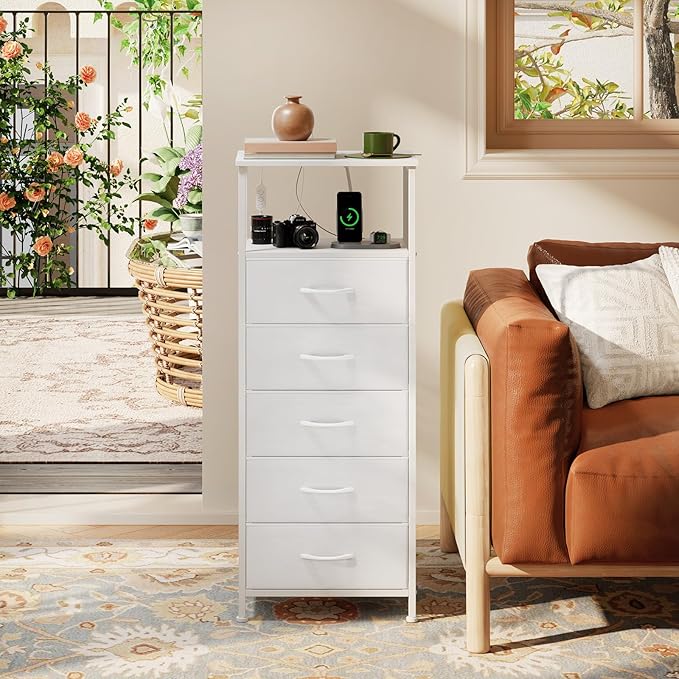 Somdot White Nightstand with Charging Station and LED Light for Bedroom, Tall 5 Drawers Dresser with Fabric Bins for Bedside Kids Dorm Room Closet Laundry Entryway, White Leather