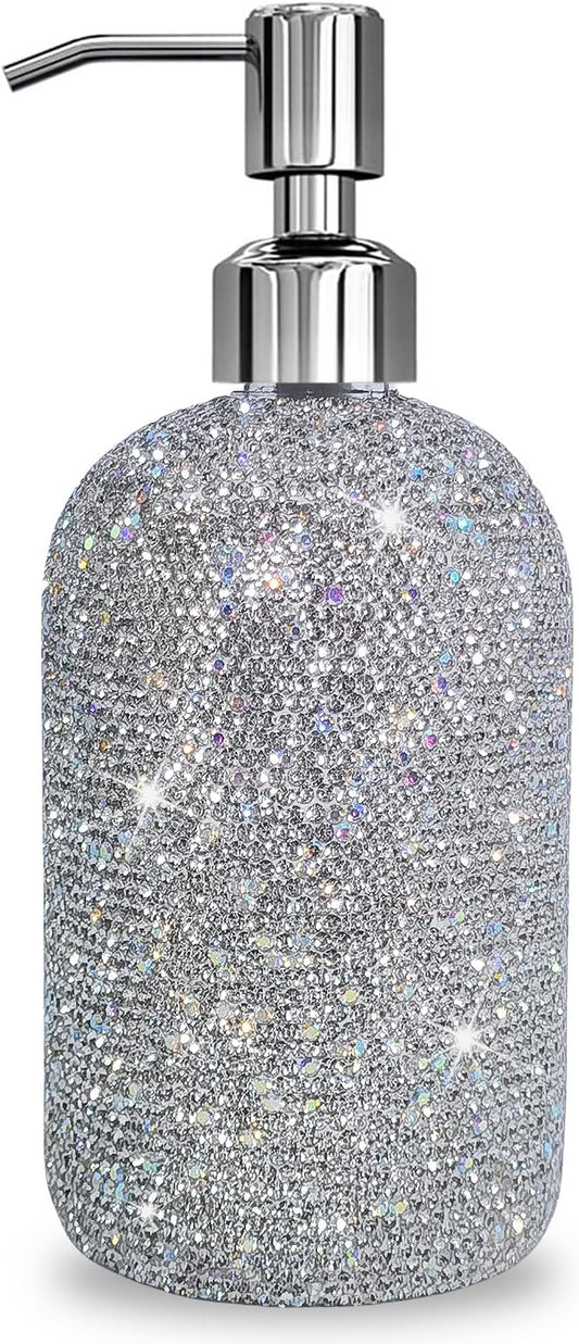 SlowVibes 18Oz Bling Glass Soap Dispenser with Rust Proof Stainless Steel Pump,Refillable Liquid Hand Wash Bottle for Bathroom Kitchen,Sparkle Decorative Shower Dispenser,Rhinestone Lotion Dispenser