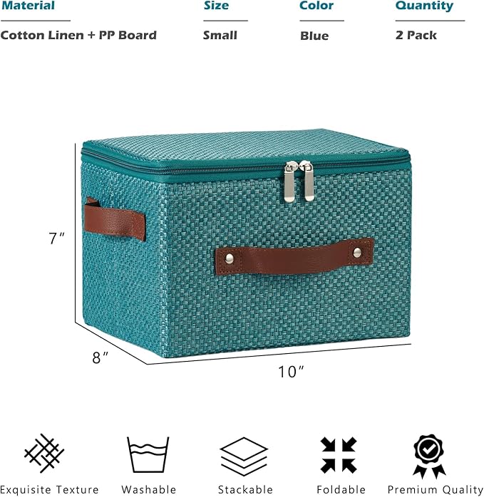 2PCS Storage Bins with Lid Fabric Storage Box Basket PU Leather Handle Textured Woven Cotton Linen Decorative Foldable Washable Shelf Closet Organizer Container (Zipper Lid, Blue, Small)