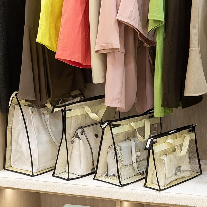 Interesse 12 Packs Dust Bags for Handbags, Clear Handbag Storage, Purse Storage Organizer for Closet, Purse Cover Hanging Closet Organizer with Zipper and Handles