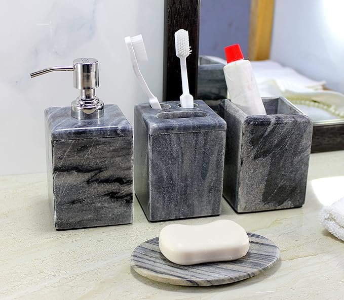 Bathroom Accessory Set Made from Natural Stone - Bath Accessories Set of 4 Includes Soap Dispenser, Toothbrush Holder, Tumbler and Soap Dish (Black)